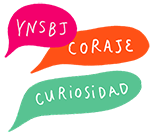 Drie kleurrijke spraakbalonnen met Spaanse woorden: het acroniem YNSBJ, coraje en curiosidad