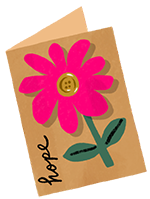 Een handgemaakte ansichtkaart met op de voorkant een kleurige bloem