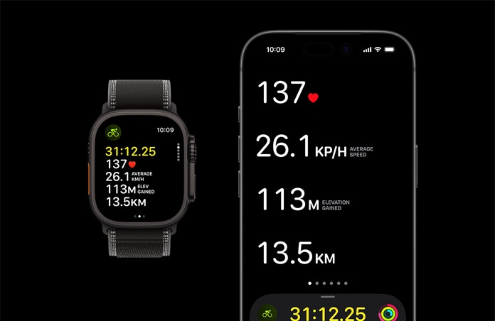 Údaje aktivního cvičení na Apple Watch Ultra 3 a na iPhonu