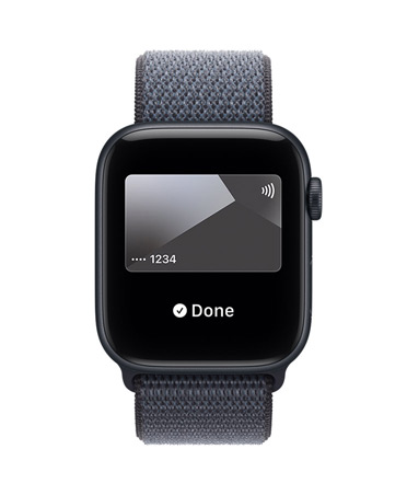 Apple Watch SE 3, boîtier en aluminium, minuit, Apple Pay dans Cartes d’Apple, côté droit, Digital Crown, bracelet, Boucle Sport, bleu maritime