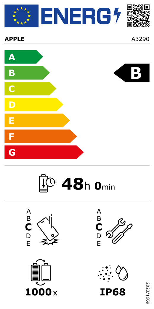 EU Energy Label QR code and information, Apple model A3290, class B, energy efficiency classes (with a scale from A to G), A (most efficient) to G (least efficient), battery endurance per cycle, 48 hours and 0 minutes per full battery charge, repeated free fall reliability class C, A (most robust) to E (least robust), repairability class C, A (most repairable) to E (least repairable), 1000 battery endurance in cycles, dust and water ingress protection (IP) rating IP68, regulation 2023/1669.