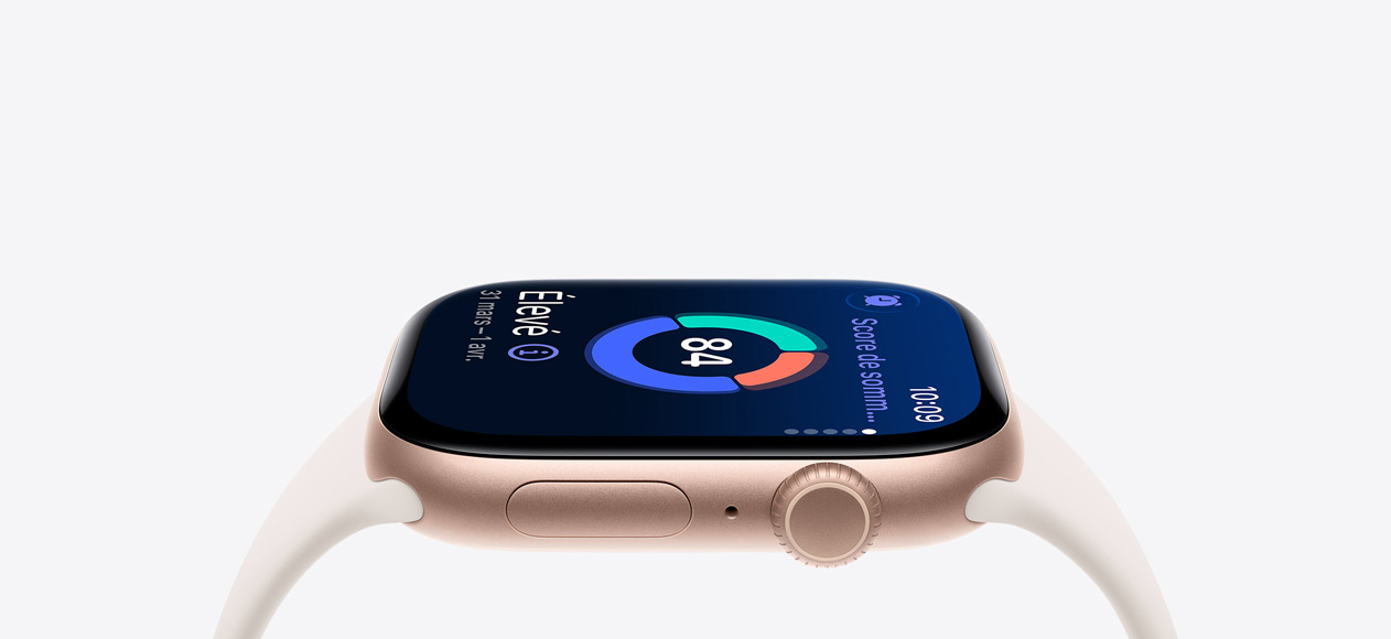Apple Watch Series 11, or rose, boîtier en aluminium, score de sommeil, côté droit, Digital Crown, micro, bouton latéral, Bracelet Sport lumière stellaire