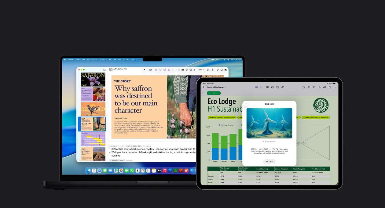 13インチiPad Proの画面に、グラフ、表、グラフィックスを含むレポートのスライドが表示されている。16インチMacBook Proの画面に、複数のスライドが左側に、生成された発表者ノートが下部にあるKeynoteのプレゼンテーションが表示されている