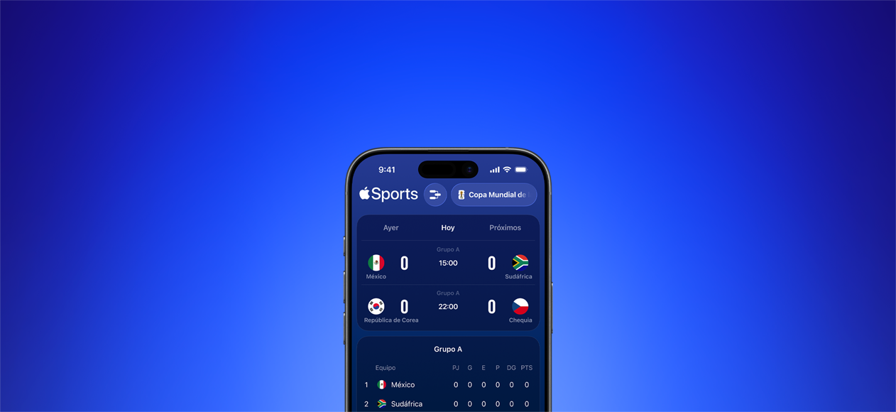 App Apple Sports en un iPhone que muestra los partidos del día de la Copa Mundial de la FIFA 2026, pestaña Hoy seleccionada