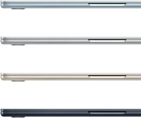 Exterior lateral a patru laptopuri MacBook Air, arătând patru culori diferite