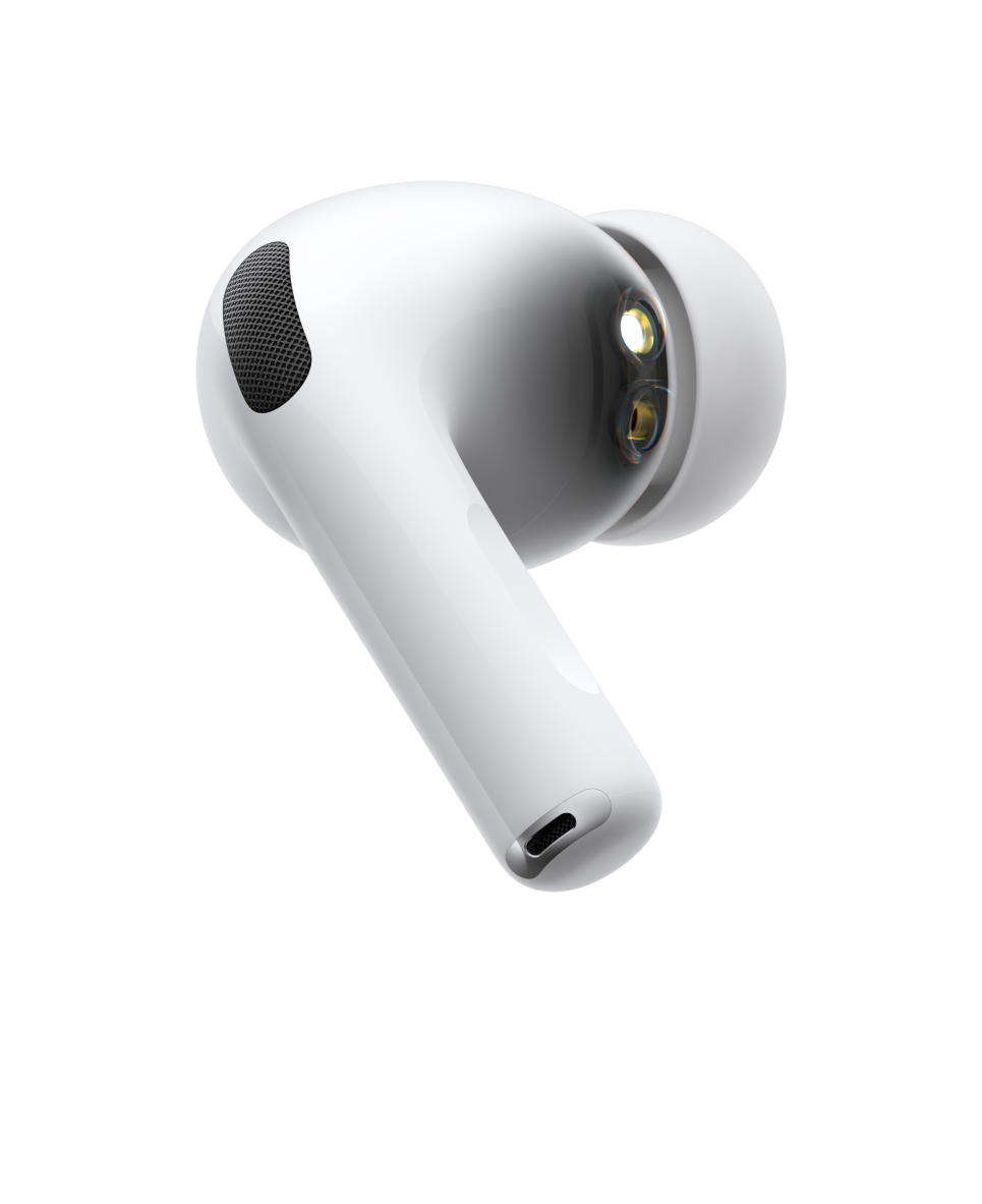 „AirPods Pro 3“, belaidės ausinės, balta spalva, šono išorinė dalis, trumpas cilindrinis kotelis, triukšmo slopinimo mikrofonas, silikoninis antgalis, pulsuojanti banga