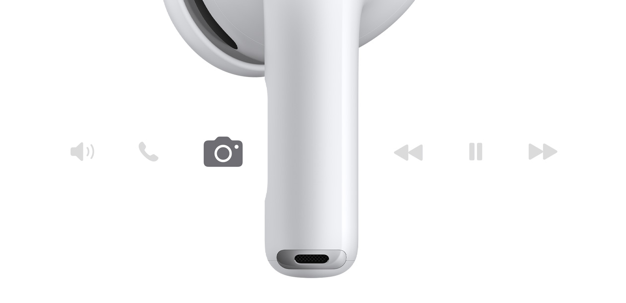 „AirPods Pro 3“, belaidės ausinės, balta spalva, trumpas kotelis