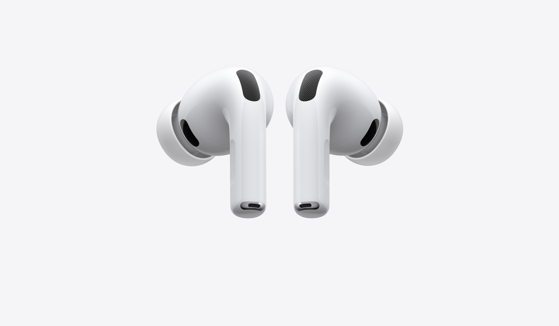 „AirPods Pro 3“, kairės ir dešinės belaidės pusės ausinės, balta spalva, silikoniniai angtaliai