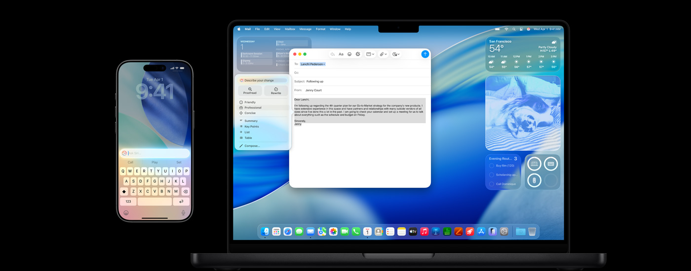 iPhoneとMacに、Apple IntelligenceとmacOS Tahoeのスクリーンセーバーが表示されている