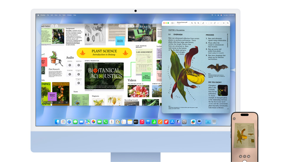 iMacとiPhoneがあざやかなコンテンツを表示しており、iMacにはmacOS Tahoeの壁紙が設定されている