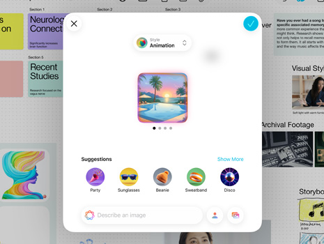 カラフルな夕日に照らされたヤシの木のあるプールが表示されている、Image PlaygroundのUI。画像に追加する要素が提案されている。