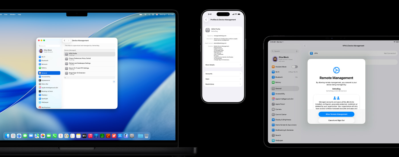 3台のApple製デバイスの画面が表示されている。左側のMacには「デバイス管理」のウインドウ、中央のiPhoneにはMDM（モバイルデバイス管理）のプロフィール設定画面、右側のiPadには「リモートマネジメント」のウインドウが表示されている