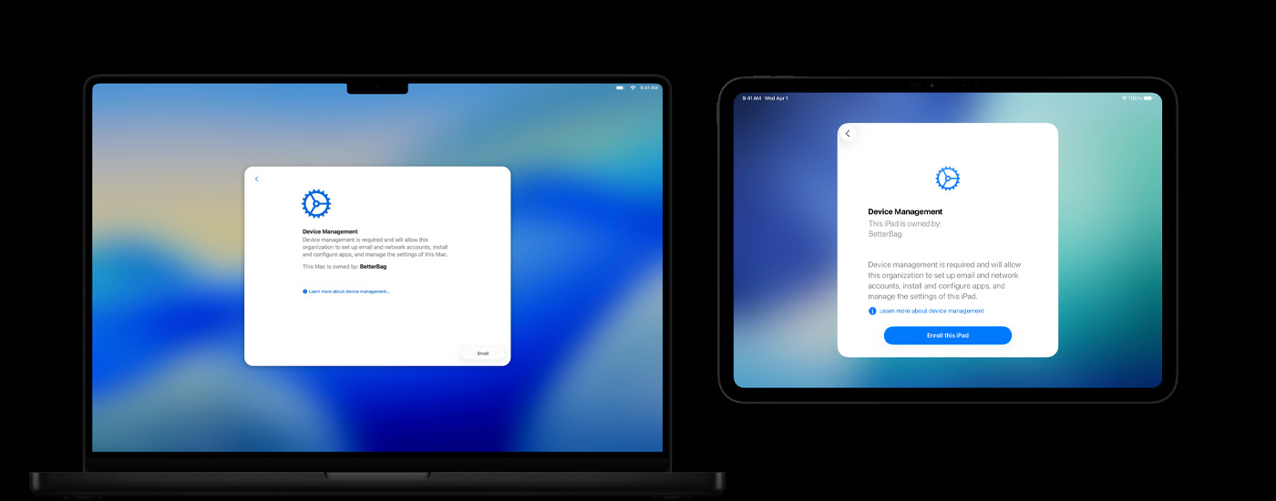 2台のApple製デバイスが横並びに配置されている。Macには「デバイス管理」のウインドウ、iPadには「デバイス管理」の画面が表示されている