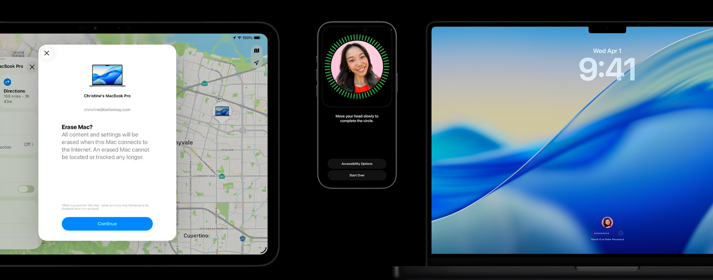 iPadには「Macを消去」オプション、iPhoneにはFace IDの設定画面、Macにはパスワードの入力またはTouch IDでのサインインを求めるmacOS Tahoeのホーム画面が表示されている