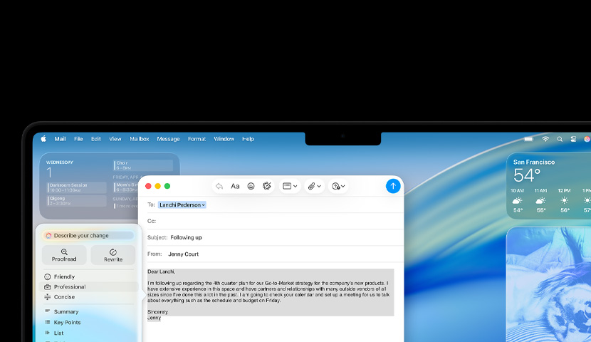ビジネスメールとApple Intelligenceのプロンプトが表示されているMacのデスクトップ。メールウインドウの後ろには、様々なウィジェットとmacOS Tahoeの壁紙が表示されている