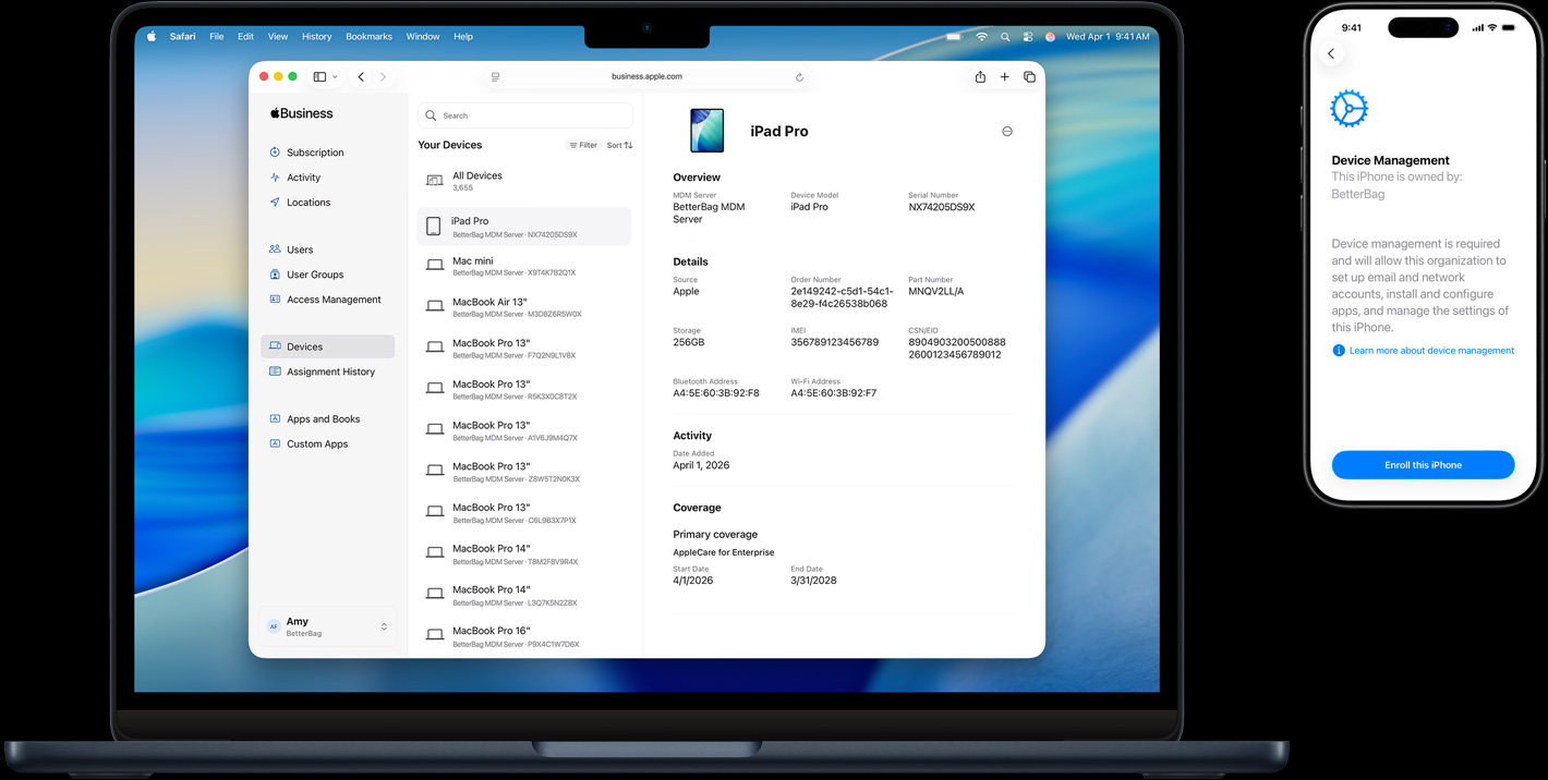 MacBookとiPhone。MacBookの画面にはApple Business Essentials、iPhoneの画面には「設定」内の「デバイス管理」が表示されている