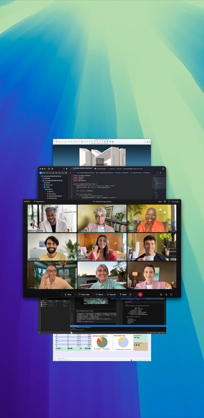 macOS Tahoeを背景に、参加者が笑顔を見せているWebexのオンライン会議など、複数のアプリ画面が表示されている
