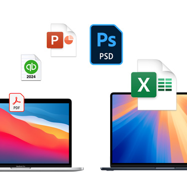 Etunäkymä kahdesta rinnakkaisesta MacBookista, joissa on erilaiset värikkäät työpöytätaustat. MacBookien yläpuolella on kaaren muotoon aseteltuja tiedostokuvakkeita. Tiedostokuvakkeissa on mm. Acrobat-tiedosto, Quickbooks-tiedosto, PowerPoint-tiedosto, Photoshop-tiedosto ja Excel-tiedosto.