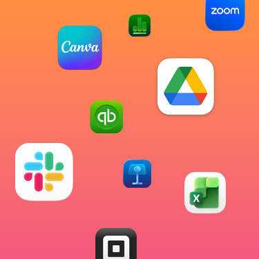 Slack, Canva, Google Workspace, Zoom, Quickbooks, Keynote, Excel, Square, Numbers 등 여러 생산성 앱 아이콘이 화려한 색상의 배경에 놓인 모습.