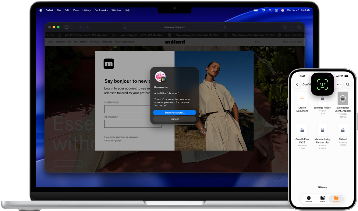 Touch ID 창이 표시된 MacBook의 전면. MacBook 앞에는 Face ID 화면이 띄어져 있는 iPhone이 있습니다.