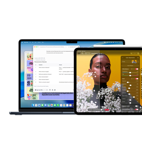 Pantalla de un Mac que muestra Apple Intelligence, pantalla de un iPad que muestra Pixelmator Pro