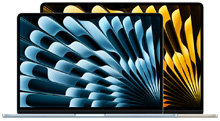 Des MacBook Air, le plus petit devant le plus grand, ouverts, affichant des fonds d’écran dynamiques aux motifs abstraits bleus et jaunes.