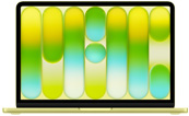 MacBook Neo ouvert affichant un fond dégradé coloré avec des rayures verticales dans des nuances de vert, de jaune et de bleu.