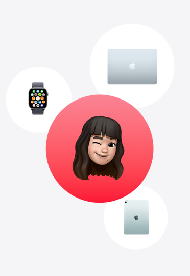 Apple Watch, MacBook et iPad entourant un Memoji dans un cercle rouge.