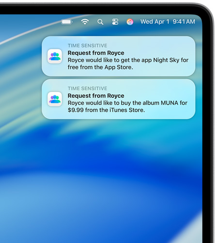 Dos notificaciones de macOS en la esquina superior derecha de la pantalla de un Mac. Cada una muestra solicitudes de compra, la primera para Night Sky del App Store y la segunda para el álbum MUNA del iTunes Store