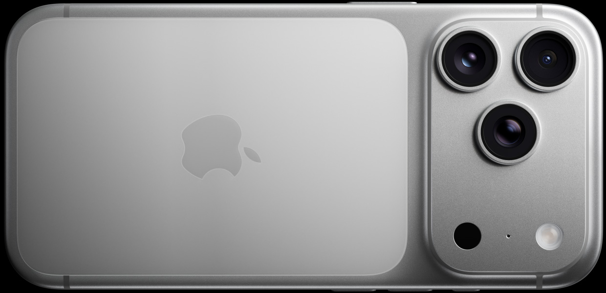 iPhone 17 Pro, argent, face arrière, système caméra Pro Fusion, 3 objectifs, microphone, flash