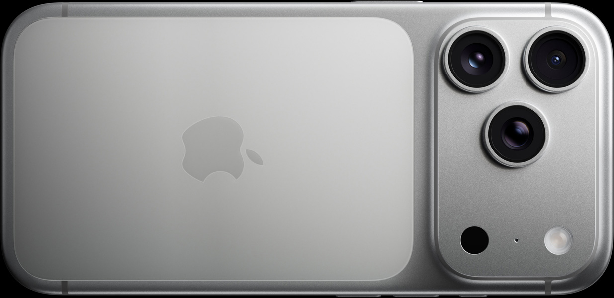 iPhone 17 Pro, argent, face arrière, système caméra Pro Fusion, 3 objectifs, microphone, flash