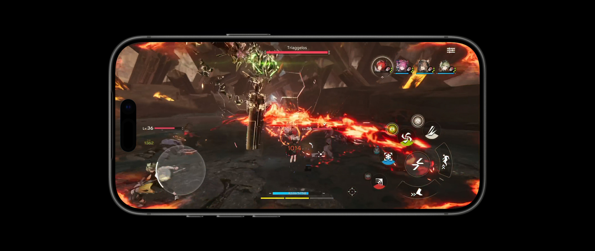 Phone 17 Pro, face avant, montrant les performances de la puce A19 Pro avec une scène du jeu vidéo Arknights: Endfield