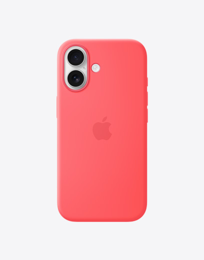 iPhone 17, face arrière avec étui en silicone rose goyave, système à deux caméras Fusion dans le coin supérieur gauche, logo Apple au centre