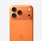 iPhone 17 Pro, face arrière, orange cosmique, système caméra Pro Fusion dans le plateau de la partie supérieure