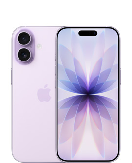 iPhone 17, face arrière, lavande, système à deux caméras dans le coin supérieur gauche, logo Apple au centre, face avant, lavande, Dynamic Island au centre de la partie supérieure
