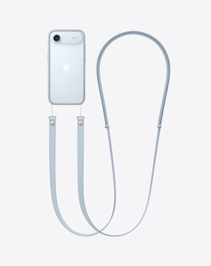iPhone Air, face arrière, étui parechoc gris clair sur l’appareil, auquel est attachée une bandoulière