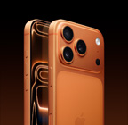 iPhone 17 Pro, orange cosmique, face arrière de biais, système caméra Pro Fusion dans le plateau de la partie supérieure, bouton Commande de la caméra, face avant de biais, écran intégral, bouton Action et boutons de volume
