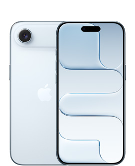 iPhone Air, face arrière, bleu ciel, système caméra Fusion dans la partie supérieure, logo Apple au centre, face avant, bleu ciel, Dynamic Island au centre de la partie supérieure