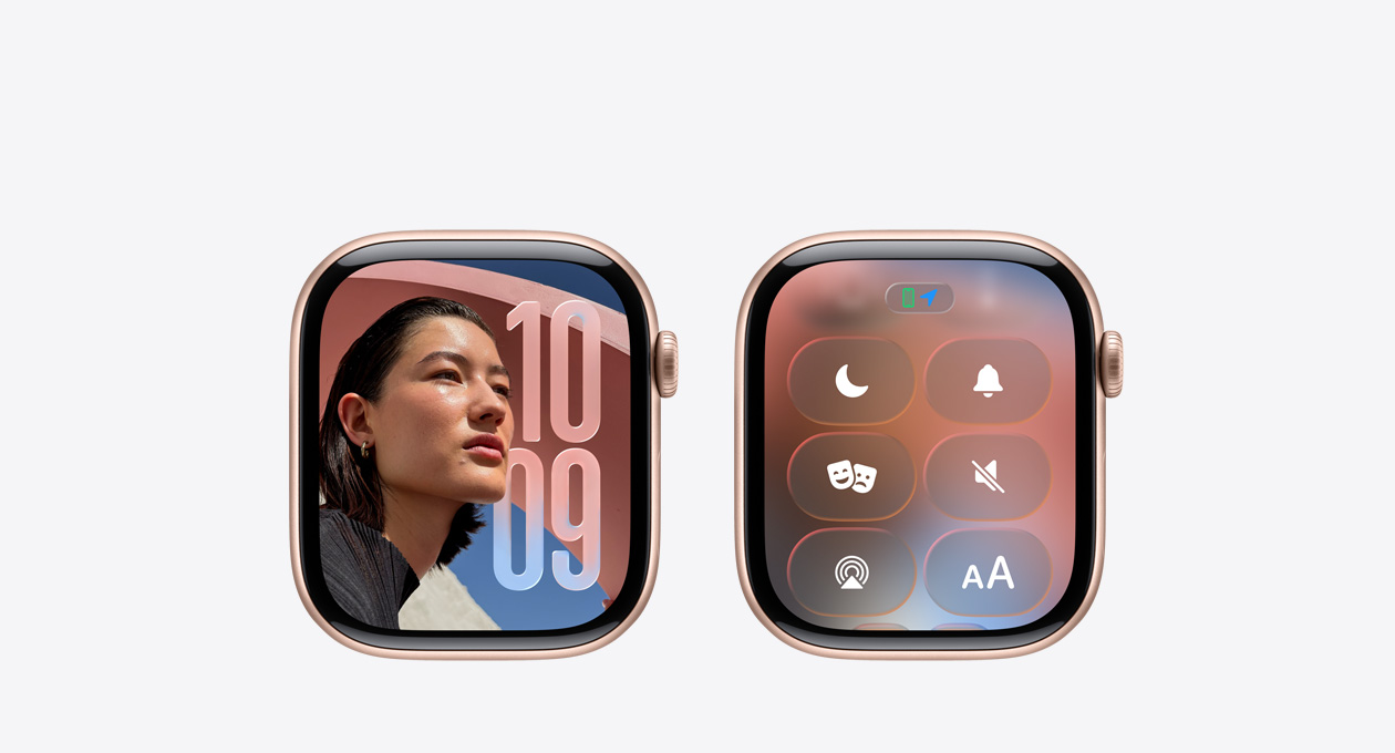 Un Apple Watch en oro rosa sin correa muestra la app Reloj con el nuevo diseño en Liquid Glass de watchOS 26