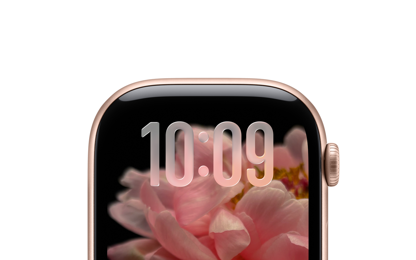 Se muestra solo la parte superior de la esfera de un Apple Watch en oro rosa sin correa donde aparece la hora con números translúcidos en Liquid Glass