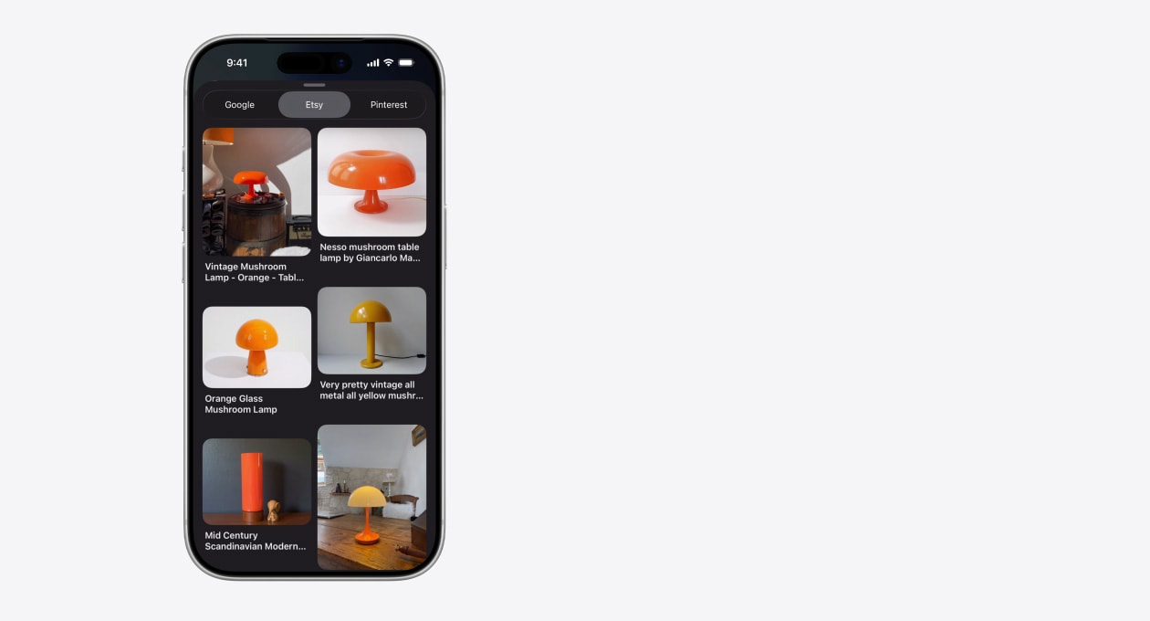 iPhone showing a grid of images featuring different mushroom lamps from Etsy; alongside are Google and Pinterest tabs