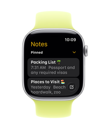 Apple Watch w kolorze srebrnym z plecionym paskiem w kolorze piwonii, na tarczy widoczna apka Notatki z dwiema przypiętymi notatkami.