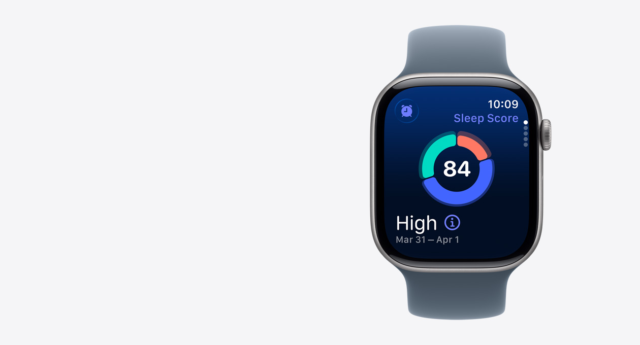 Apple Watch Series 11 z aluminiową kopertą w kolorze gwiezdnej szarości, na ekranie wynik snu