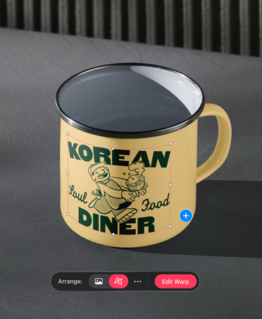 Photo of a yellow metal camping cup with Korean Diner logo in green with warp tool open at the bottom of image