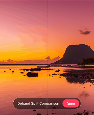 Image of a sunset at a beach, bottom of photo shows colour debanding tool