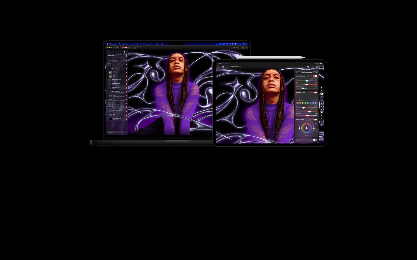 Immagine di una persona con trecce che indossa un maglione viola su uno sfondo astratto stilizzato; si sposta su un MacBook Pro 16 e un iPad Pro 13; gli schermi mostrano l’interfaccia di Pixelmator Pro con il pannello Livelli a lato, e l’immagine viene modificata